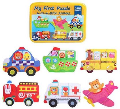RVM Toys Wooden Puzzles For Toddler 1 Year Old 6 in 1 Jigsaw Essential Transport Tin Box