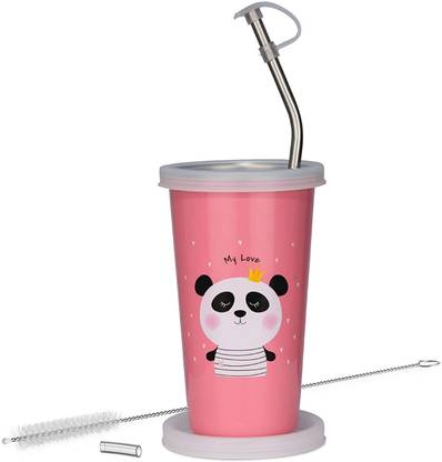 FALCON Sipper Glass Cartoon Network panda glass with straw 370 ml Glass Water/Juice Glass