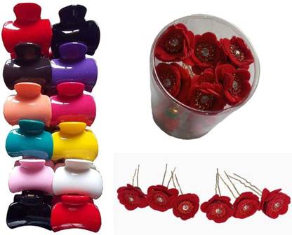 Zintalic 12 Pcs Multicolor Clutcher 03 With 12 Rose Nug Pin/Hair Clip For Girls & Women Hair Accessory Set