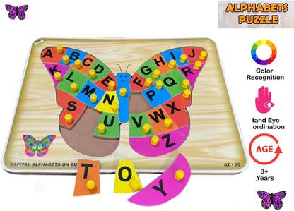SHALAFI Wooden English AtoZ Alphabets/Butterfly Puzzle Tray with Knob Educational Board