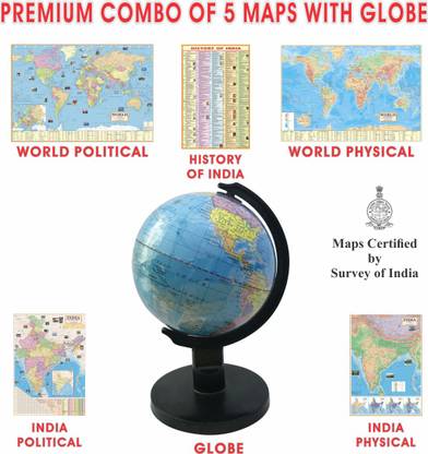 (COMBO OF 5 MAPS/CHARTS WITH 5 INCH WORLD POLITICAL EDUCATIONAL GLOBE) INDIAN History Map With India & World Map (Both Political & Physical)| Set Of 5 Maps With 5” Political Educational Globe | Map Size (28*40 Inch) (23*36 Inch)| Paper Mint | Best Useful for UPSC, SSC, IES and other Competitive Exams. (All English Maps) Paper Print. Paper Print