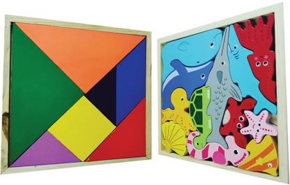 Al Murg Wooden Jigsaw Puzzle Combo-Aquatic Theme Puzzle & Shape Tetris Puzzle Toy 2 in1