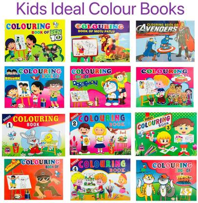 माय फर्स्ट किड्स आइडियल कलर बुक्स कलेक्शन्स (सेट ऑफ 12) - बेन 10, मोटू पतलू, एवेंजर्स, डोरेमौन, लिटिल सिंघम, हनी बन्नी का झोलमाल, कलर्स वॉल्यूम-1,2,3 एंड 4