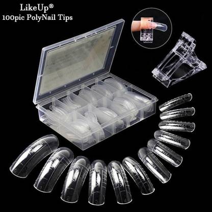 LikeUp Best quality Nail Art Poly Building Gel Mold Extension 100 nails tips+1clip Transparent