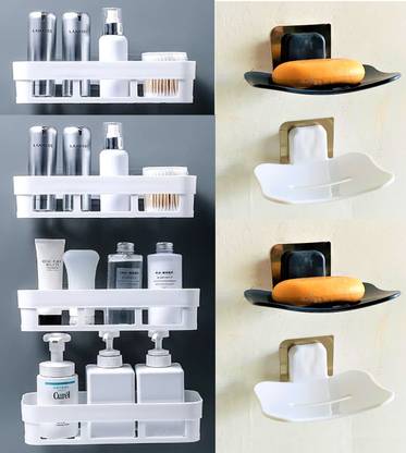 QXORE sabun stand and shampoo stand (4 Bathroom Shelves + 4 soap Box) Plastic Wall Shelf