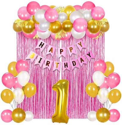 Perfect Party Solid Happy Birthday Decoration With Banner Balloons & 1 Age Balloon for New Born Baby Balloon