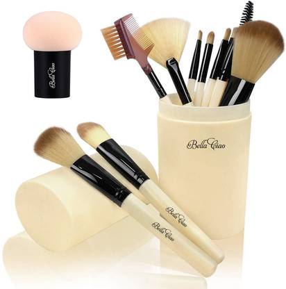 Bella Ciao Professional 12 Pcs Makeup Brush With Box & Mushroom Shaped Sponge Puff - Cream