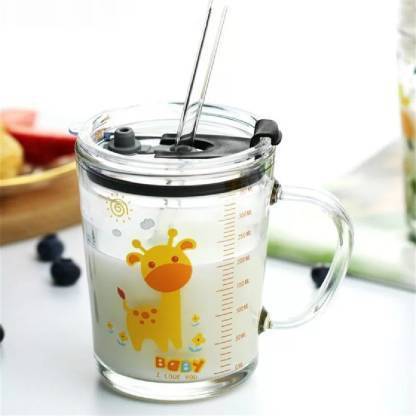 IndusBay Cartoon Printed Milk Glass Sipper Jar with Silicone Straw and Lid 1 PC 300ML Glass Mason Jar