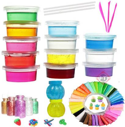 FC Party Combo 60 Clay, 12 Rainbow Slime, 2 Slime pot with Straws+ Glitter Multicolor Putty Toy
