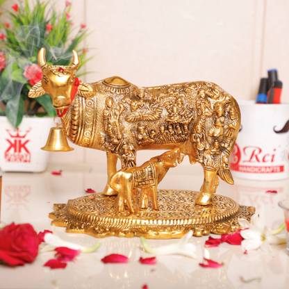 KridayKraft Kamdhenu Cow Metal Statue,Vastu Showpiece,Gau Mata for Pooja,Gift Article,Animal Decorative Showpiece  -  17 cm