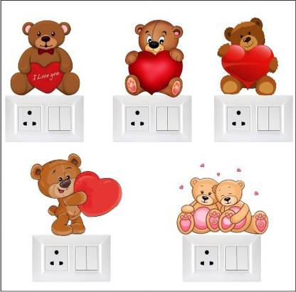 Smart Wall Guru 30 cm Cute teddy bear cartoon multicolor decorative switch penal/board(Set of-5) Self Adhesive Sticker
