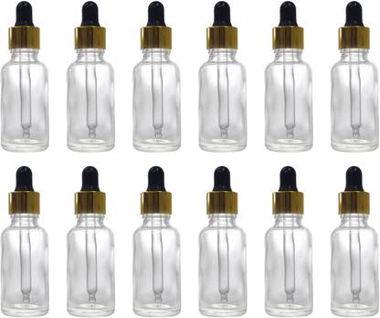 JFA 30 ml Transparent Glass Bottle with Golden Cap Black Teat Dropper (Pack of 12) 30 ml Bottle
