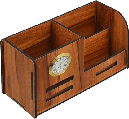 YOGI SELLING 3 Compartments Wooden Pen / Pencil Stand With Watch And Business / Visiting Card & Mobile Stand Wooden Holder With Watch For Pen / Pencil / Mobile / Visiting / Business Card