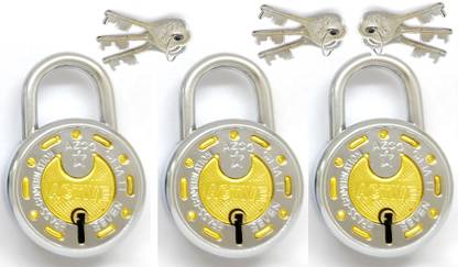 Azco Active 50mm-7 Levers, Double Lock with Gold Chrome Finish (combo Offer) 3 Padlock
