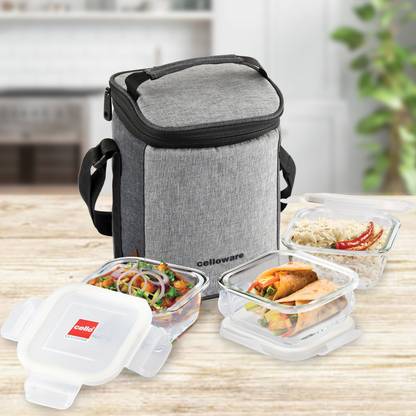 cello Delighta Square Borosilicate Lunch Box with Jacket, 320ml, 3 Containers Glass Office Lunch Box