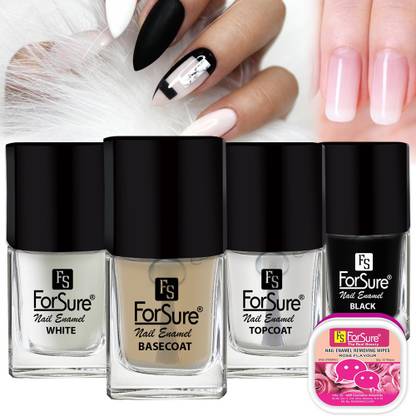 ForSure Trendy Quick Dry Gel Nail Polish Nail Art Combo Pack (5ml Each) Base Coat ,Top Coat ,White & Black Nail Polish