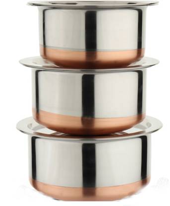 LIMETRO STEEL 3 Pieces Heavy Gauge Copper Bottom Tope Set with lid / Cookware set with Lid Tope Set with Lid 1 L, 1.5 L, 2 L capacity 20 cm diameter