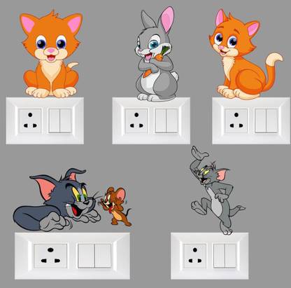 Smart Wall Guru 30 cm Funny tom and jerry rabbit multicolor switch penal/board stickers(Set of-5) Self Adhesive Sticker