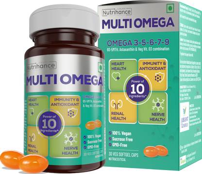 JUBILANT Nutrihance Multiomega 100% Vegan Omega Softgel | Omega 3-5-6-7-9, Vitamin D3