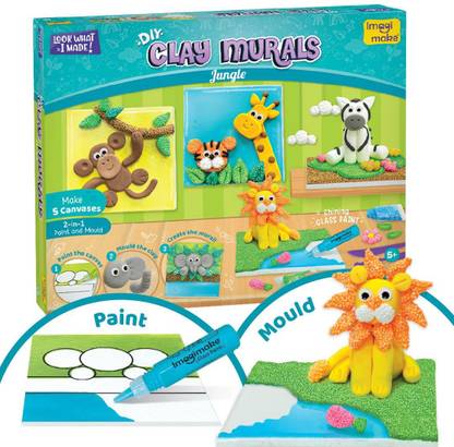 Imagimake Clay Murals - Jungle - Modeling Clay & Glass Paint - 5 Designs - Art & Craft Kit