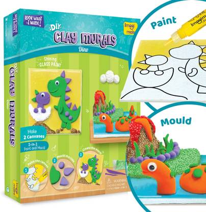 Imagimake Clay Murals - Dino - Modeling Clay & Glass Paint - 5 Designs - Art & Craft Kit