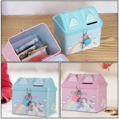 LEVIATHAN BEST BUY Unicorn Metal House Design Small Saving Account/ Kids mini Lock and key Coin Bank