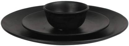 VolCraft Pack of 3 Ceramic Handmade Black Matte 1 Dinner & 1 Quarter Plate 1 Katori Bowl Microwave Safe Dinner Set