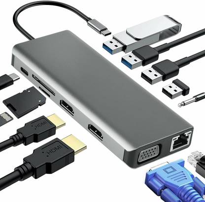 microware USB-C hub, 12 in 1 4K UHD Type C Hub USB3.0 HDMI VGA Adapter Docking Station for Mac Book Docking Station