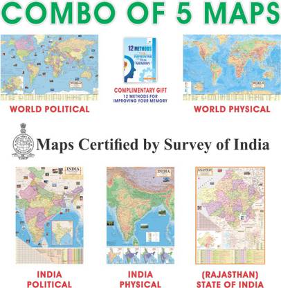 MAPS FOR UPSC (PACK OF 5 MAPS/CHART) RAJASTHAN POLITICAL, COMPLIMENTARY GIFT | INDIA POLITICAL, INDIA PHYSICAL, WORLD POLITICAL, WORLD PHYSICAL MAP CHART | Complimentary Booklet | All Maps/Chart Size : (40 inch X 28 inch, folded) | For UPSC, SSC, PCS, Railway and Other Competitive Exam Paper Print. Paper Print