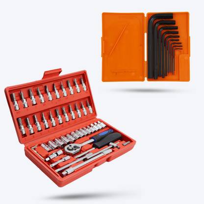 Hillgrove HGCM56M2 46Pcs 1/4"inch Ratchet Socket Spannar Set with 9 Pcs Hex Allen Key Set Hand Tool Kit