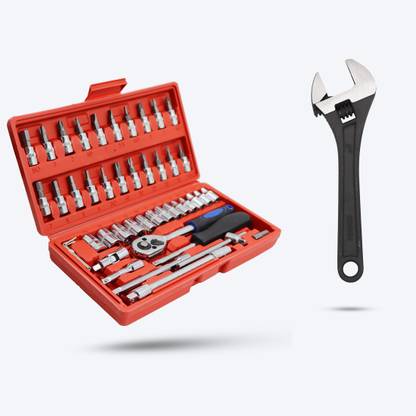 Hillgrove HGCM57M1 46Pcs 1/4"inch Socket with Adjustable Wrench for Bike Repair Tool Kit Socket Set