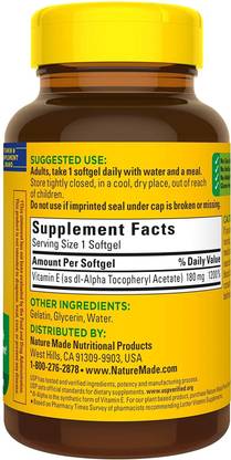 Nature Made E 180 mg (400 IU) dl-Alpha, Dietary Supplement 180 Softgels