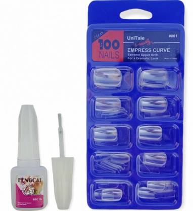 UniTale 100 Pcs Shining Fake Transparent Nail Extension With Fast Dry Brush Nail Glue Transparent