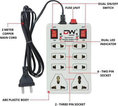 Digiway 8+2 Socket Mini Socket Board(Cord Length:-2.0 Meter) 8 Socket Extension Boards