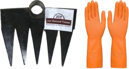 JCT HEAVY 5 TEETH IRON RAKE WITH RUBBER GLOVES Garden Tool Kit