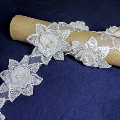 Emrish 3D Floral Fabric Applique Off White Lace Qty 5 Meter Lace Reel
