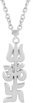 RN Silver Plated Heavy Stainless Steel Lord Symbol Om Trishul Swastik Pendant Silver Stainless Steel