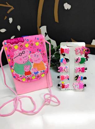KIDOS JOY Pippuu Pig Velvet Shoulder Sling Bag with Alligator Hair Clips( Combo of 2) Shoulder Bag