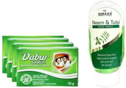 Dabur SANITIZE SOAP 4 PC EACH 50 G AND HERBAL NEEM AND TULSI FACE WASH 100 ML