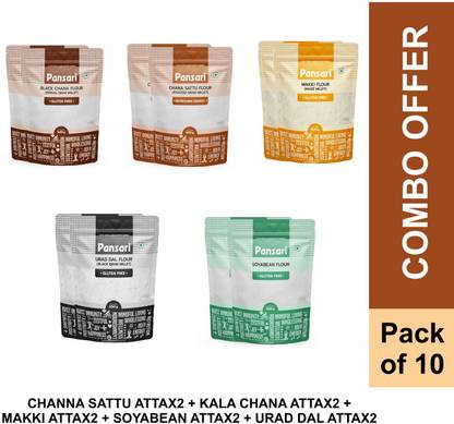 Pansari Flours Combo Chana Sattu, Kala Chana,Makki ,Soyabean,Urad Dal (5kg,Pack of 10)