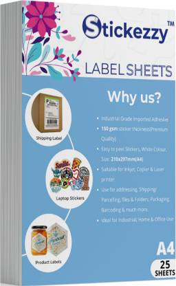 Stickezzy Sticker Paper for Inkjet Printer (25 Sheets 110 gsm) : super sticky permanent adhesive Paper Label