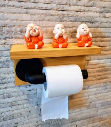 Retro Interio Natural Pine Wooden Shelf with Towel Stand/Toilet Roll Holder (Wall Mounted) (Natural Pine Color) Towel Holder