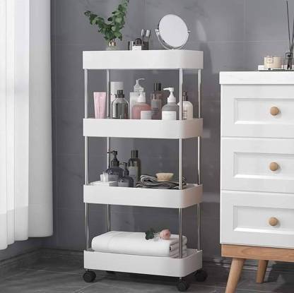 RAJJA 4-layer Tier Rolling Cart Utility Storage Organizer Shelf for home White Plastic Kitchen Trolley