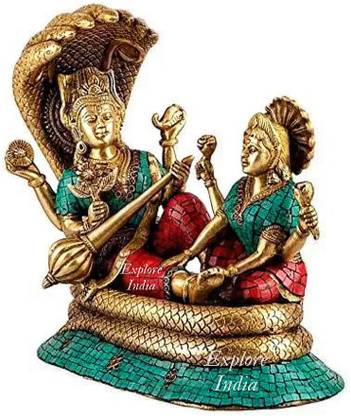 Explore india Brass Large Vishnu with Lakshmi Idol Snake God Sitting Down Sculpture Decorative Showpiece  -  4 cm