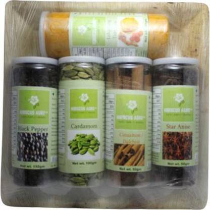 HIBISCUS AGRO Gift Pack-Spices (Dalchini 50g|Star 50g|Elaichi 100g|Haldi 140g|Kalimirch 150g)