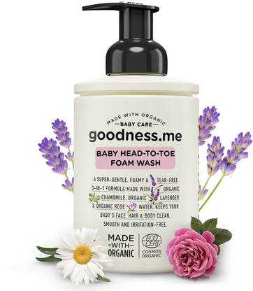 goodnessme Certified Organic Baby Foam Head-to-Toe, Face, Body Wash, Shampoo, Tear Free, 400ml, Paediatrician & ECOCERT France Certified, Derma Tested