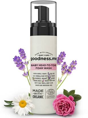 goodnessme Certified Organic Baby Foam Head-to-Toe, Face, Body Wash, Shampoo, Tear Free, 200ml, Paediatrician & ECOCERT France Certified, Derma Tested