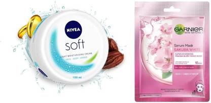 NIVEA SOFT LIGHT MOISTURISING CREAM 100 ML AND SERUM MASK WHITE ,1PC 28 GM