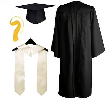CONVOWEAR Black Matte Gown, Hat with White Stole Graduation Gown