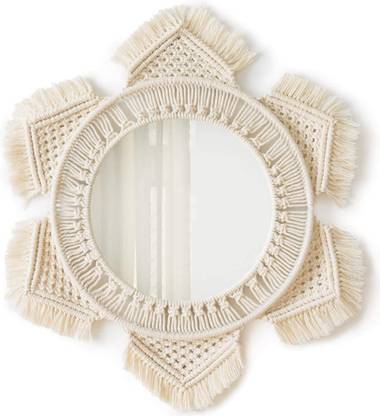 RADECOR Hanging Wall Mirror with Macrame Fringe Round Boho Mirror ,Ivory (Medium) Decorative Mirror